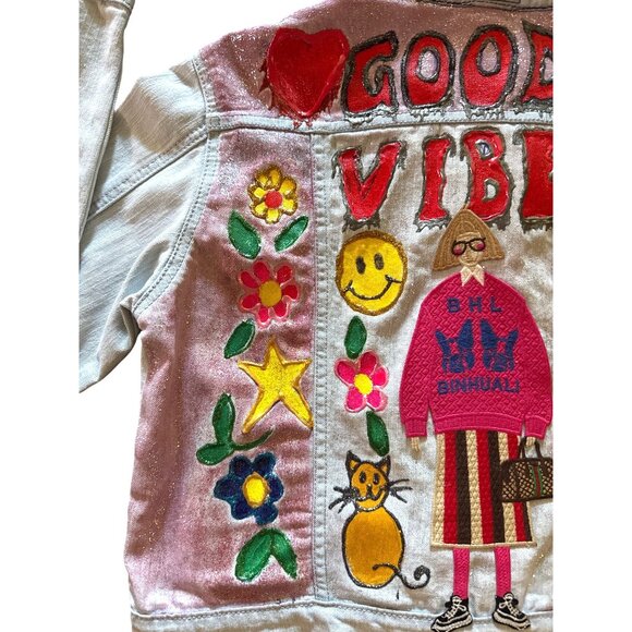 Hand painted  Good vibes acid fashion doll appliqué girls denim jacket 12-14 XL - Picture 7 of 14